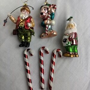 Blown Glass Christmas Ornaments Fisherman/Baker/Mickey & 3 Candycanes -Set of 5